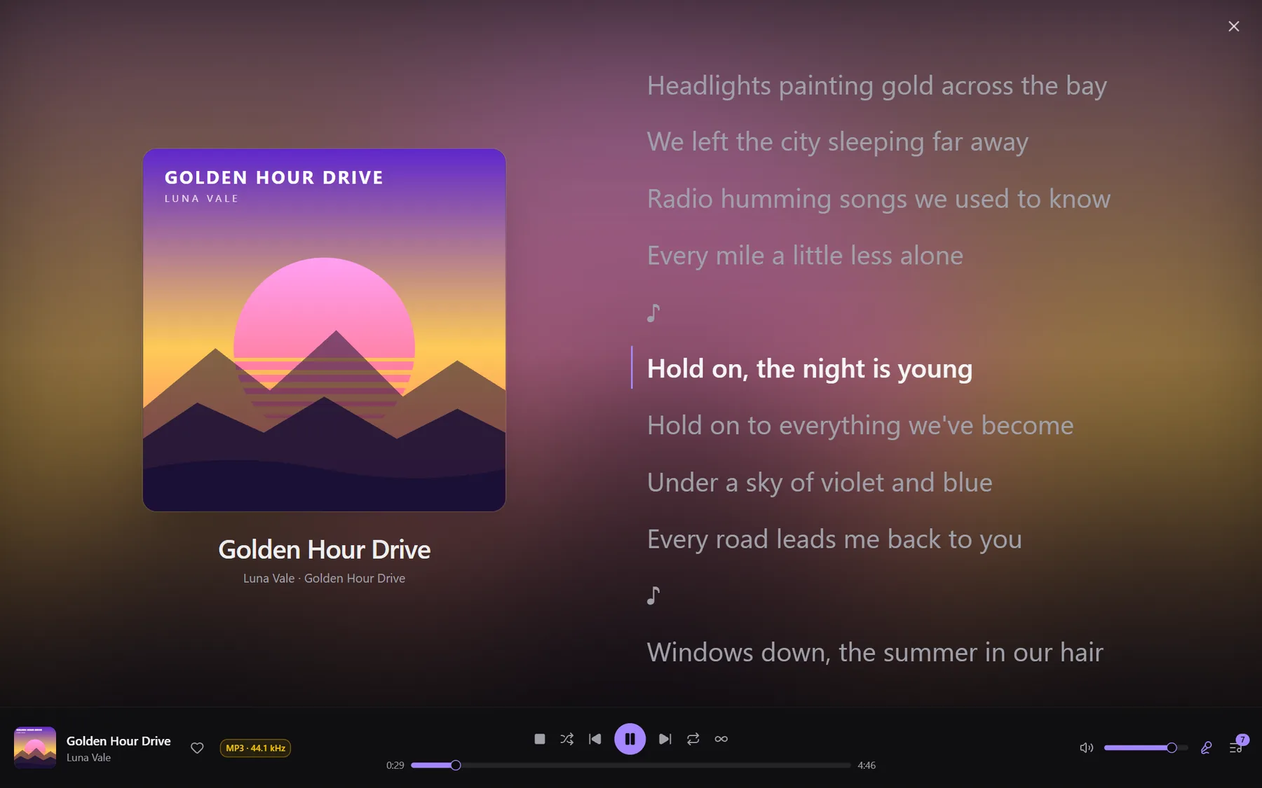 Now Playing — Full-screen artwork with synced lyrics